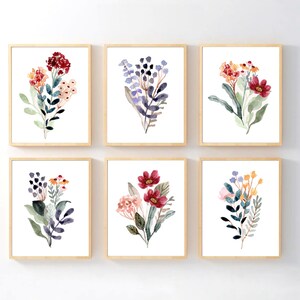 Watercolor Wildflowers Wall Art, Wildflower Art Prints, Framed Wildflower Bedroom Wall Decor, Wildflower Bathroom Canvas Pictures Set of 6