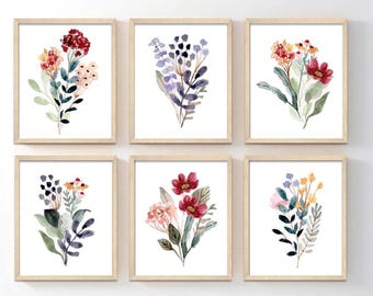 Aquarel muurdecoratie met wilde bloemen - Boho bloemenkunst set van 6 - Ingelijst, op canvas of als kunstprint WC