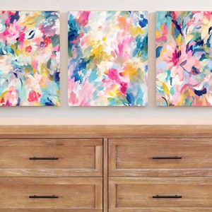 Colorful Abstract Wall Art - Flower Abstract Prints - Framed Bold Bright Wall Decor - Rainbow Abstract Maximalist Artwork Canvas Set of 3