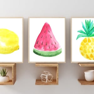Lemon Watermelon Pineapple Wall Art - Fruit Prints - Canvas Watercolor Fruit Print - Summer Fruit KITCHEN farmhouse Wall Decor Set of 3