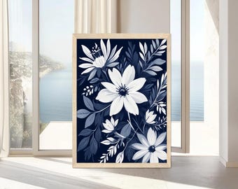 Navy Blue Daisy Flower Wall Art: Bedroom Bathroom Wall Decor Set