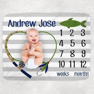 Fish Milestone Blanket: Personalized Boy Fishing Baby Shower Gift image 2