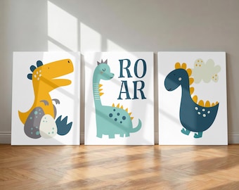 Dinosaur Wall Art, Dinosaur Art Prints, Framed Dinosaur Canvas - Baby Boy Nursery Wall Decor - Dinosaur Theme Toddler Boy Room Set of 3