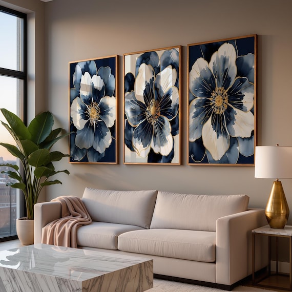 Navy Blue Floral Wall Art: Bold Flower Wall Decor Set of 3