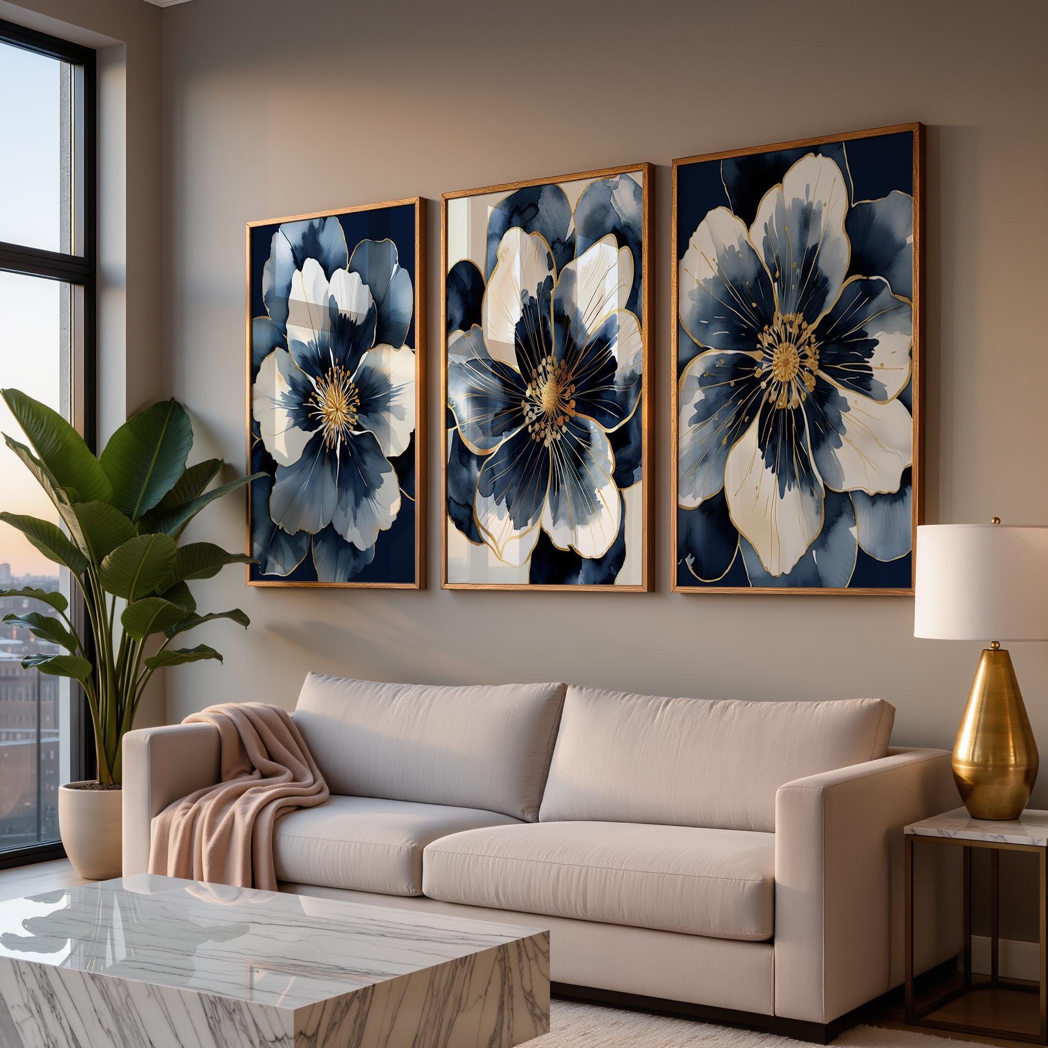 Navy Blue Floral Wall Art: Bold Flower Wall Decor Set of 3 - Framed ...