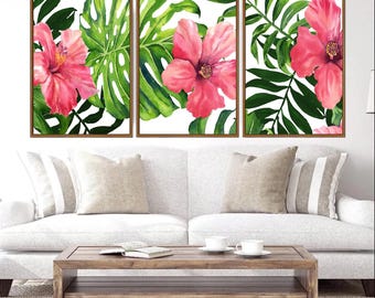 Hibiscus Wall Art - Pink Tropical Flower Art - Watercolor Tropical Floral Artwork - Tropical Hibiscus Wall Decor Set of 3 WC