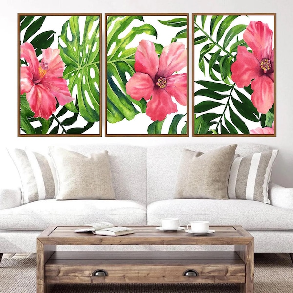 Hibiskus-Wandkunst – Rosa tropische Blumenkunst – Tropische Aquarell-Blumenkunst – Tropisches Hibiskus-Wanddekor-Set (3-teilig)