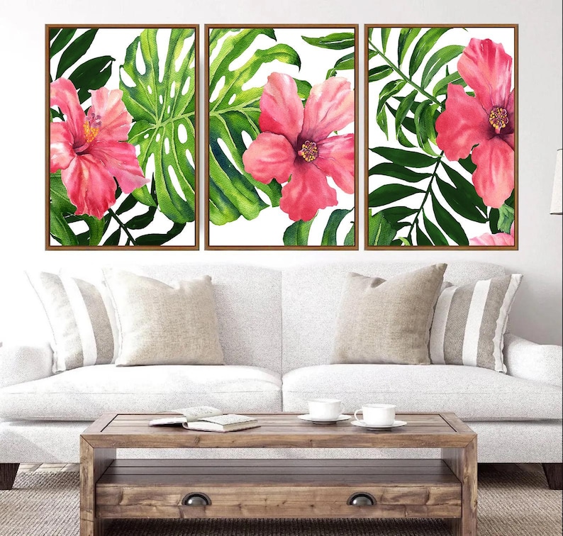 Hibiscus Wall Art - Pink Tropical Flower Art Print - Canvas Watercolor Tropical Floral Artwork - Tropical Hibiscus Wall Decor Sets of 3