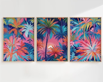 Colorful Palm Tree Wall Art: Tropical Wall Decor Set of 3 - Framed, Canvas, or Art Prints WC