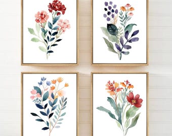 Aquarel muurdecoratie met wilde bloemen: Boho bloemendecoratie set van 4 - Ingelijst, op canvas of als kunstprint WC