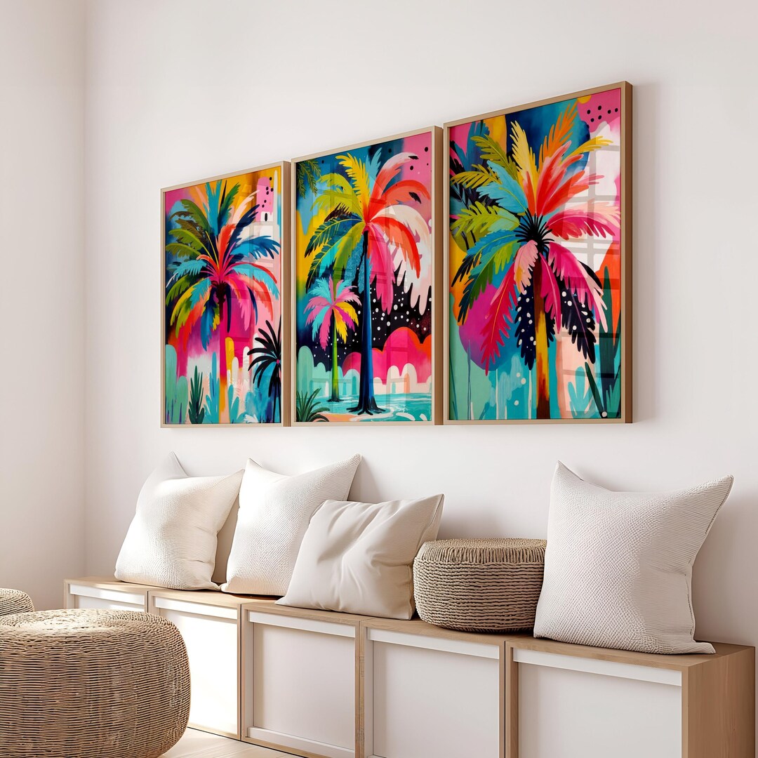 Tropical Palm Tree Wall Art: Exotic Bathroom Wall Decor, Set of 3