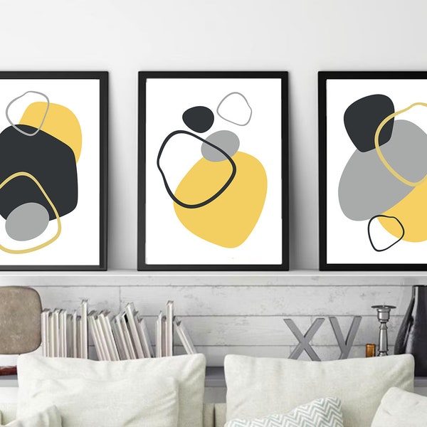 Yellow Black Wall Art - Black Yellow Abstract composition Prints - Framed Modern shapes Art minimalist Wall Decor Artwork Canvas Set of 3