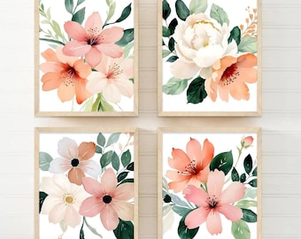 Muurkunst koraal perzikbloem: bloemen slaapkamer muurdecoratie set van 4 - ingelijst, canvas of kunstafdrukken toilet