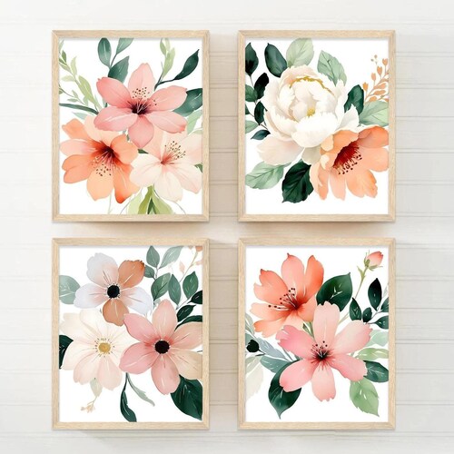Coral Peach Flower Wall Art: Floral Bedroom Wall Decor Set of 4 - Framed, Canvas, or Art Prints WC