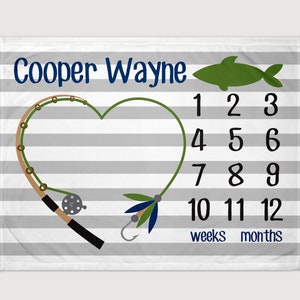 FISH Milestone Blanket, Baby Boy Fishing Blanket, FISHING Boy Newborn Monthly Growth Chart Baby Boy Personalized Baby Shower Gift Milestone