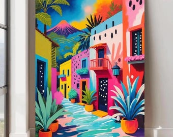 Colorful Caribbean Village Art: Mexican Pueblos Wall Decor Set of 1 - Framed, Canvas, or Art Prints WC