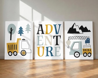 Decoración de pared con temática de construcción, juego de 3 láminas o lienzos con camiones de construcción, decoración de pared para habitación infantil con temática de camiones, decoración de construcción para niños pequeños.