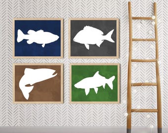 Framed Fish Wall Art - Lake Fish Theme Art Prints - Lake House Fish Artwork - Baby Boy Fish Nursery Wall Decor - Fish Canvas Art Set of 4 WC