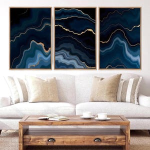 Navy Agate Abstract Art: Ocean Blue Office Wall Decor, Set of 3 - Framed, Canvas, or Art Prints WC