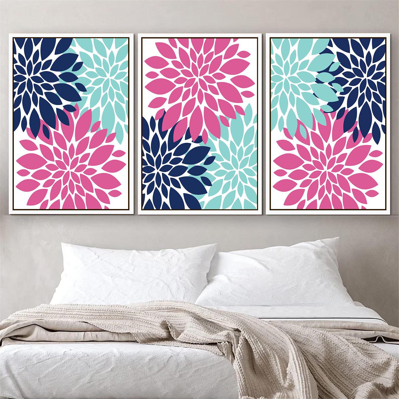 ネイビーブルーピンクのフラワーウォールアート - フラワーバースト