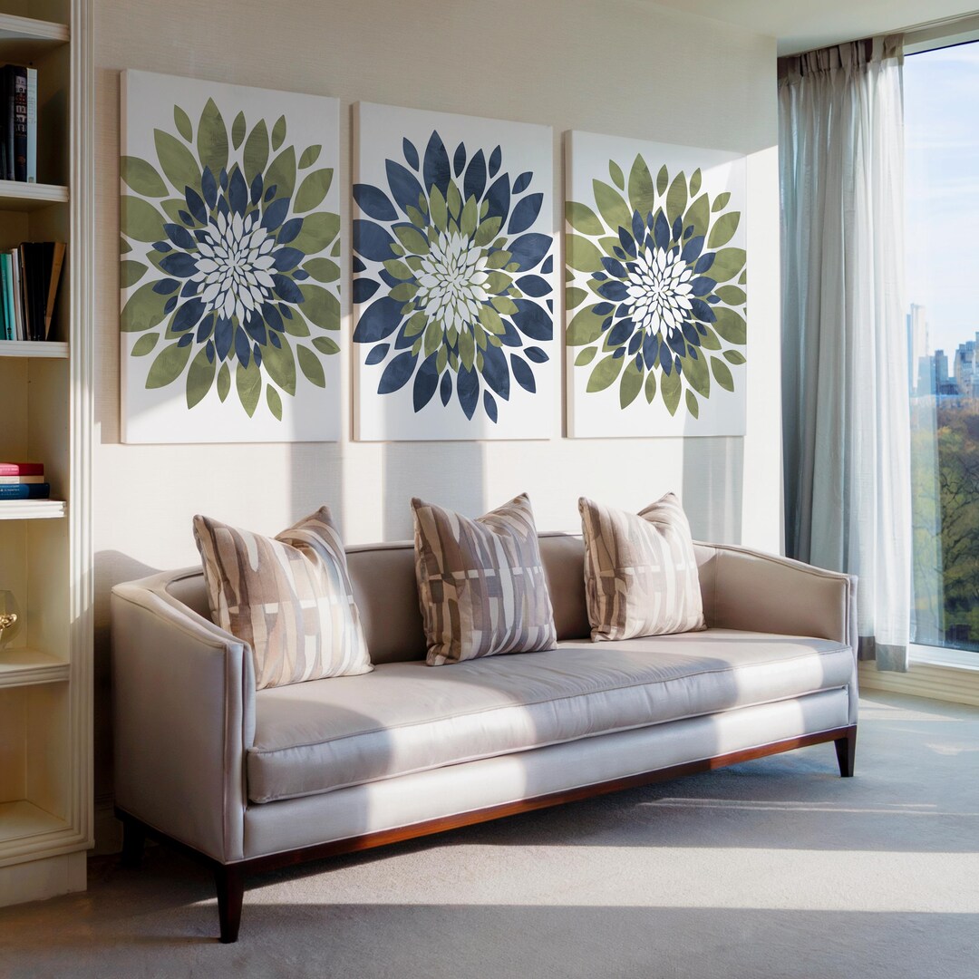 Blue Green Flower Wall Art: Botanical Floral Set of 3 - Framed, Canvas ...