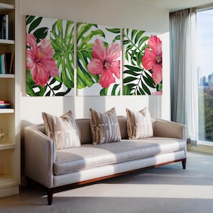 Hibiscus Wall Art - Pink Tropical Flower Art Print - Canvas Watercolor Tropical Floral Artwork - Tropical Hibiscus Wall Decor Sets of 3