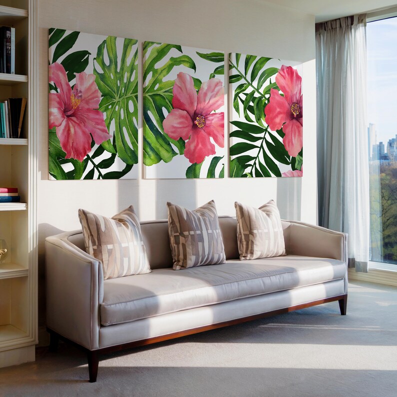 Hibiscus Wall Art - Pink Tropical Flower Art Print - Canvas Watercolor Tropical Floral Artwork - Tropical Hibiscus Wall Decor Sets of 3