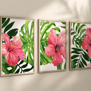 Hibiscus Wall Art - Pink Tropical Flower Art - Watercolor Tropical Floral Artwork - Tropical Hibiscus Wall Decor Set of 3 WC image 4