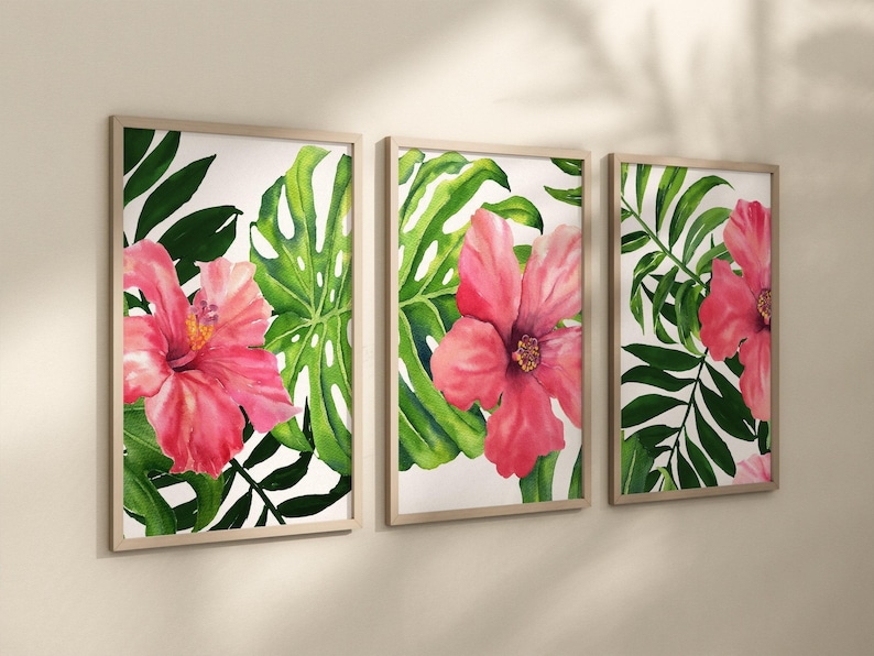 Hibiscus Wall Art - Pink Tropical Flower Art - Watercolor Tropical Floral Artwork - Tropical Hibiscus Wall Decor Set of 3 WC image 4