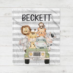 Baby Safari Animals Blanket, Personalized Baby Shower Gift, Safari Animals Baby Blanket, Safari Boy Name Newborn Baby Shower Gift image 3