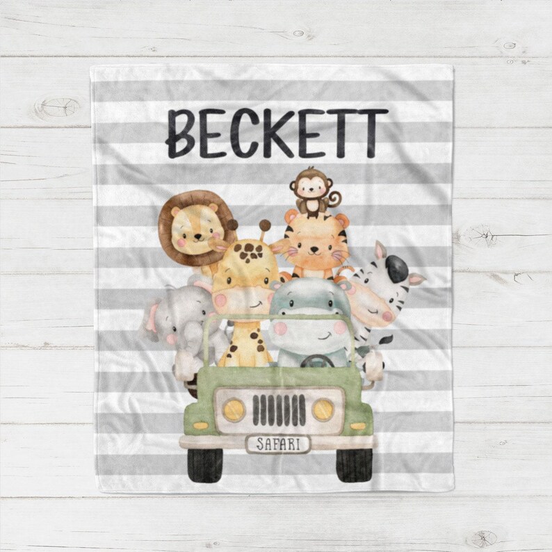 Baby Safari Animals Blanket, Personalized Baby Shower Gift, Safari Animals Baby Blanket, Safari Boy Name Newborn Baby Shower Gift image 3