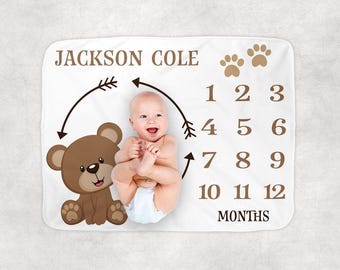 Bear Blanket Milestone - Personalized Baby Shower Gift - Baby Bear Blanket - Gender Neutral Bear Newborn Monthly Blanket Photo Growth Chart