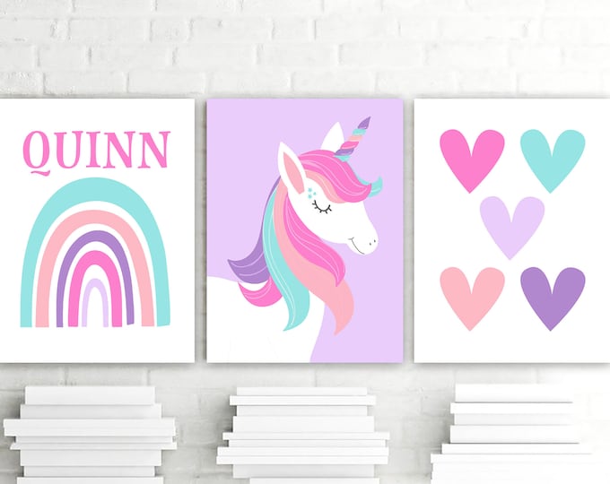 Rainbow Unicorn Wall Art - Rainbow Unicorn Pictures Prints - Framed Hearts Rainbow Unicorn Nursery Wall Decor Artwork Canvas Set of 3