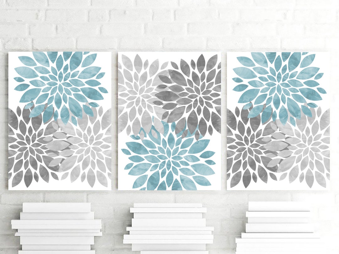 Blue Gray FLOWER Wall Decor Floral Prints or Canvas Etsy