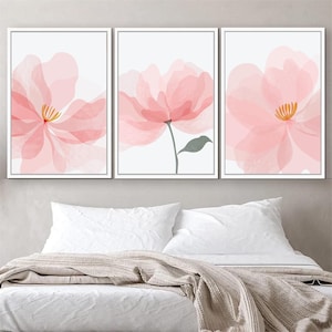 Pink Floral Wall Art - Pink Floral Art Print - Framed Pink Floral Artwork - Baby Girl Pink Nursery Wall Decor - Pink Flower Canvas Set of 3
