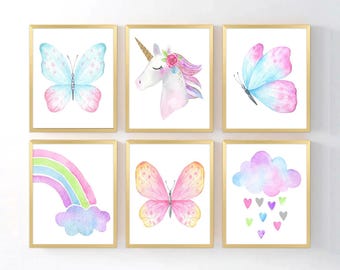 Unicorn Butterfly Rainbow Wall Art: Baby Girl Nursery Set of 6 - Framed, Canvas, or Art Prints WC