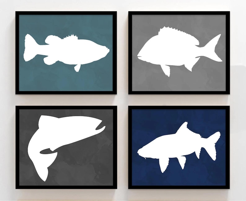 Fish Art Prints - Lake Fish Bedroom Wall Art - Lake House Fish Artwork - Baby Boy Fish Nursery Wall Decor - Fish Canvas Artwork Set of 4 image 5