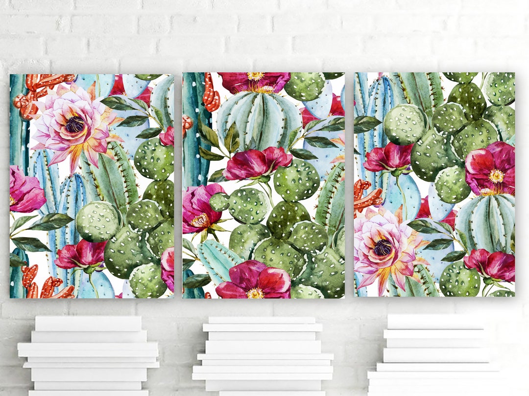 Cactus Flower Wall Art, Succulent Cactus Artwork Prints, Canvas