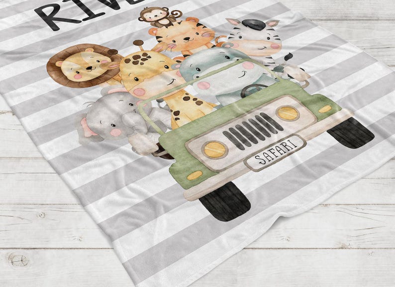Baby Safari Animals Blanket, Personalized Baby Shower Gift, Safari Animals Baby Blanket, Safari Boy Name Newborn Baby Shower Gift image 2