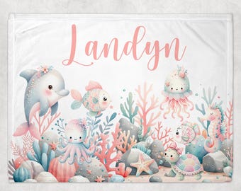Girl Sea Animals Blanket, Baby Girl Blanket Under the Sea, Personalized Baby Girl Shower Gift, Coral Reef Nautical Theme Blanket