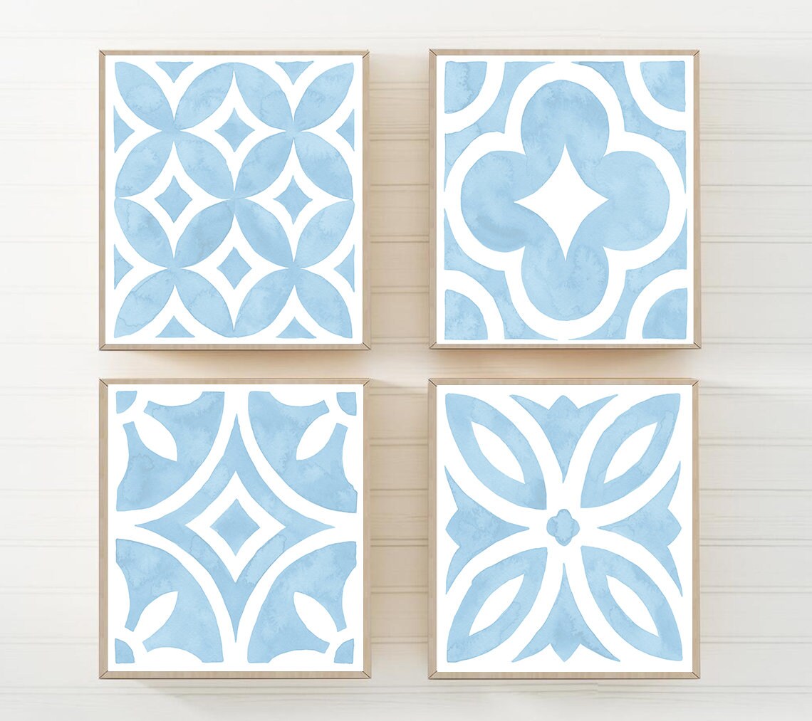 Light Blue Wall Art Light Blue Pattern Tile Kitchen Art Etsy