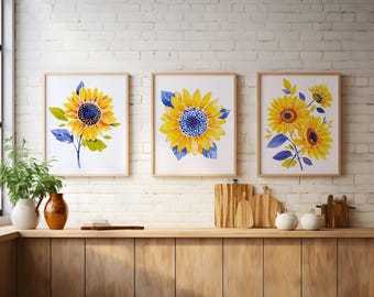 Arte de pared de girasol - Arte de girasol - Obra de arte de girasol - Decoración de pared de girasol - Juego de 3 cuadros de cocina de girasol para WC