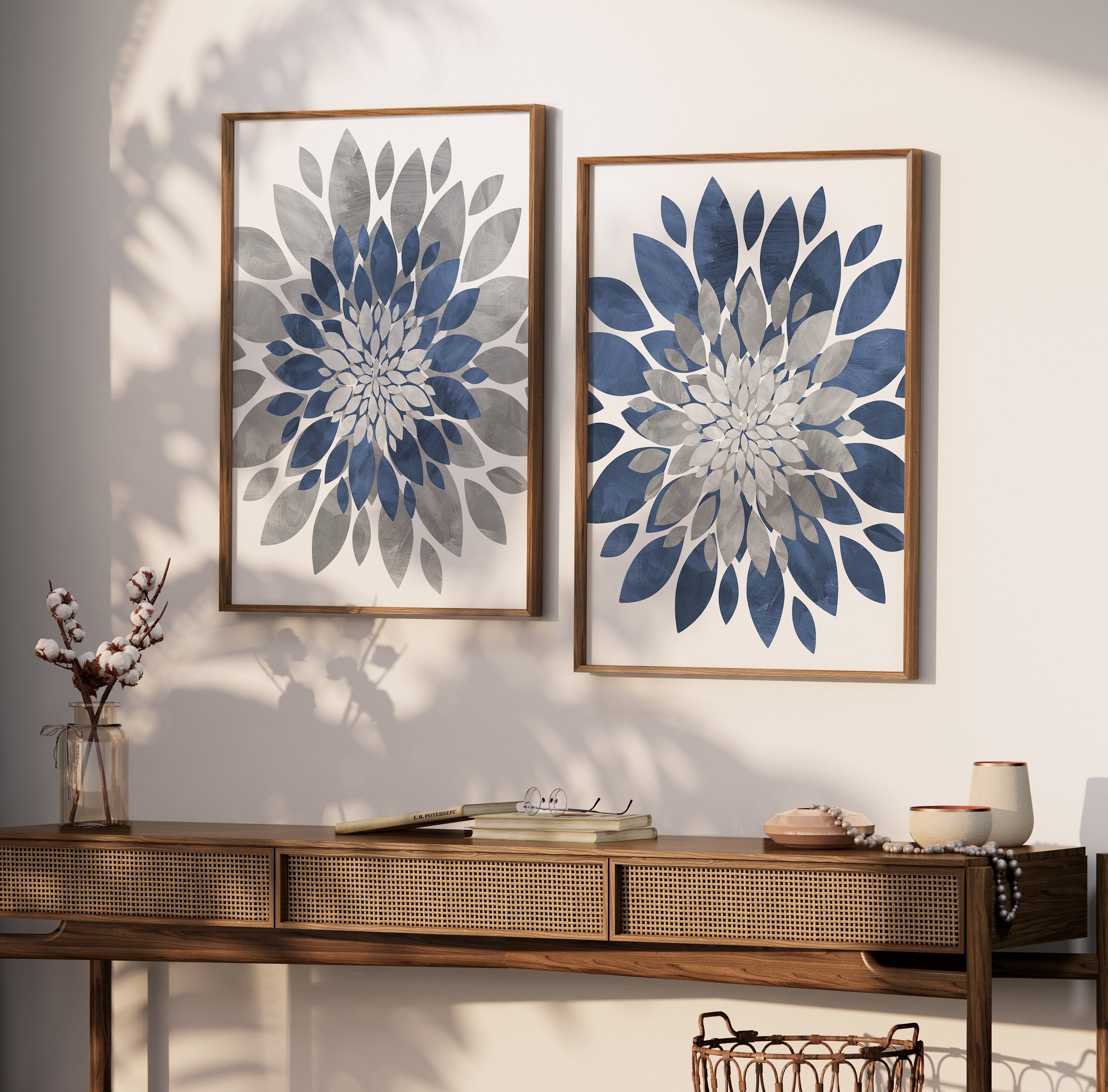 Navy Gray Flower Wall Art Watercolor Blue Gray Floral Art Prints 
