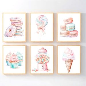 Pastel Ice Cream Wall Art, Watercolor Candy Sundae Art Prints, Dessert Girl Nursery Canvas Pictures, Cupcake Donut Popsicle Artwork Set of 6