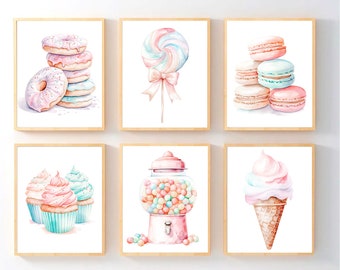 Pastel Ice Cream Wall Art, Watercolor Candy Sundae Art Prints, Dessert Girl Nursery Canvas Pictures, Cupcake Donut Popsicle Artwork Set of 6