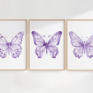 Paarse vlinderkunst - Lavendelvlinder muurdecoratie voor de kinderkamer - Muurdecoratie voor meisjeskamer - Set van 3 ingelijste vlinderafbeeldingen afbeelding 3