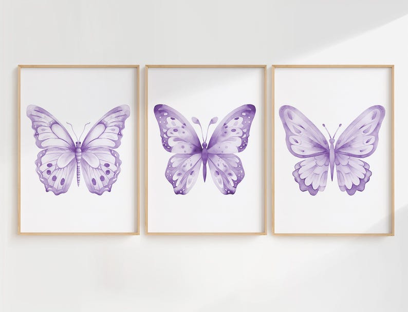 Paarse vlinderkunst - Lavendelvlinder muurdecoratie voor de kinderkamer - Muurdecoratie voor meisjeskamer - Set van 3 ingelijste vlinderafbeeldingen afbeelding 3