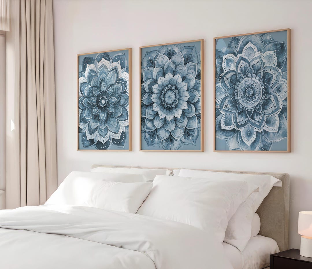 Navy Blue Mandala Flower Art: Boho Ornamental Wall Art, Navy Blue ...