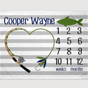 Milestone Fishing Baby Boy Blanket - Personalized Newborn Monthly Growth Chart