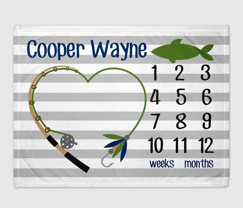 Milestone Fishing Baby Boy Blanket - Personalized Newborn Monthly Growth Chart